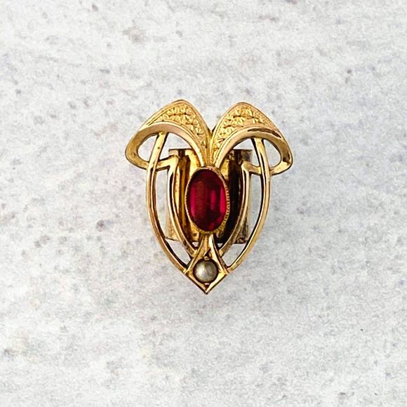 Antique Art Nouveau Garnet Gold Large Slide Pendant Seed Pearl - Picture 3 of 7